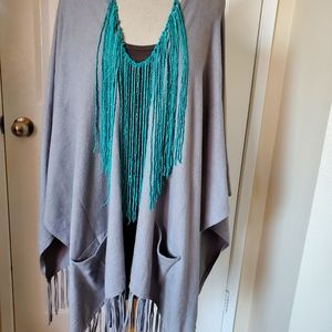 Boho Western Soft Cozy Grey Fringe Oversized Pancho Pockets Women's Size OSFM